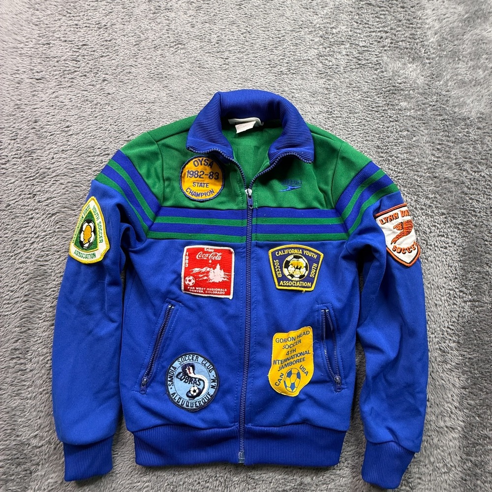 Vintage 80s Youth Soccer Patches Speedo Jacket Kids S Blue Full Zip